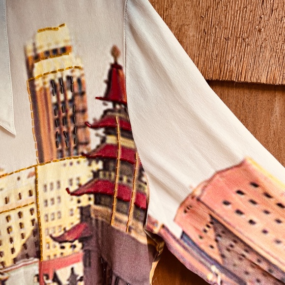 Vintage Printed San Fransisco Trolley Car Silk Gray Ivory Beaded Blouse Shirt L - Picture 7 of 15